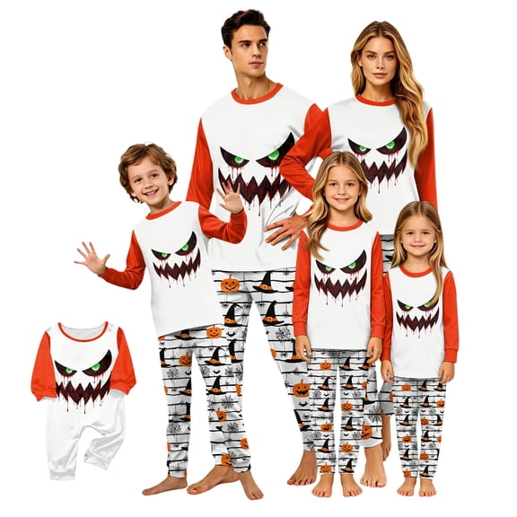 Comfy Matching Halloween Family Pajama Set Cute Spooky Print Design Long Sleeve Shirt and Pants Set for Adults Couples Family Holiday Lounge Wear PJs Outfit Set Halloween Gifts
