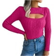 thumbnail image 2 of VSSSJ Cropped Sweaters for Women Sexy Cutout Crew Neck Long Sleeve Cable Knit Soft Cozy Solid Color Pullover Crop Sweater Tops Hot Pink L, 2 of 6