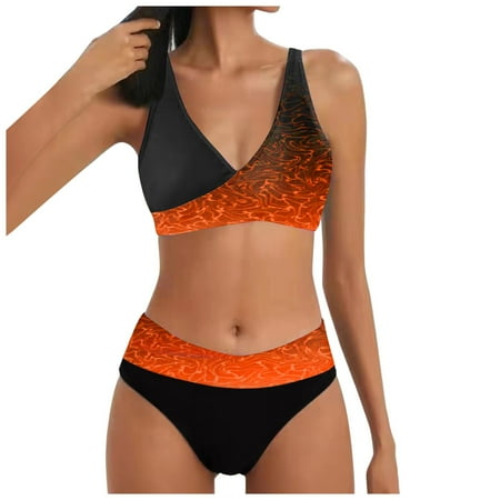 QYZEU Women s Bikini Swimsuits Color Block Bikini Swimsuit High Waist Bikini Bottom Two Piece V Neck Bathing Suit Breathable Comfort Lightweight Swimwear Orange XL