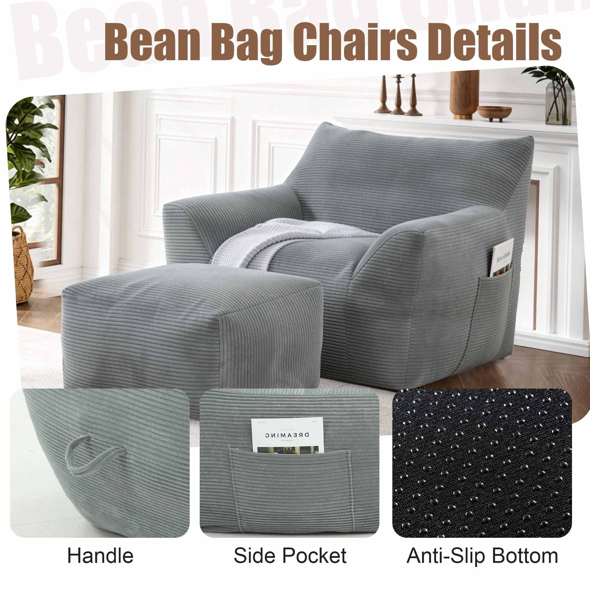 Lunale Oversized Bean Bag Chair with Ottoman, Boneless Lazy Sofa Chair for Bedroom, Living Room, Gray Corduroy
