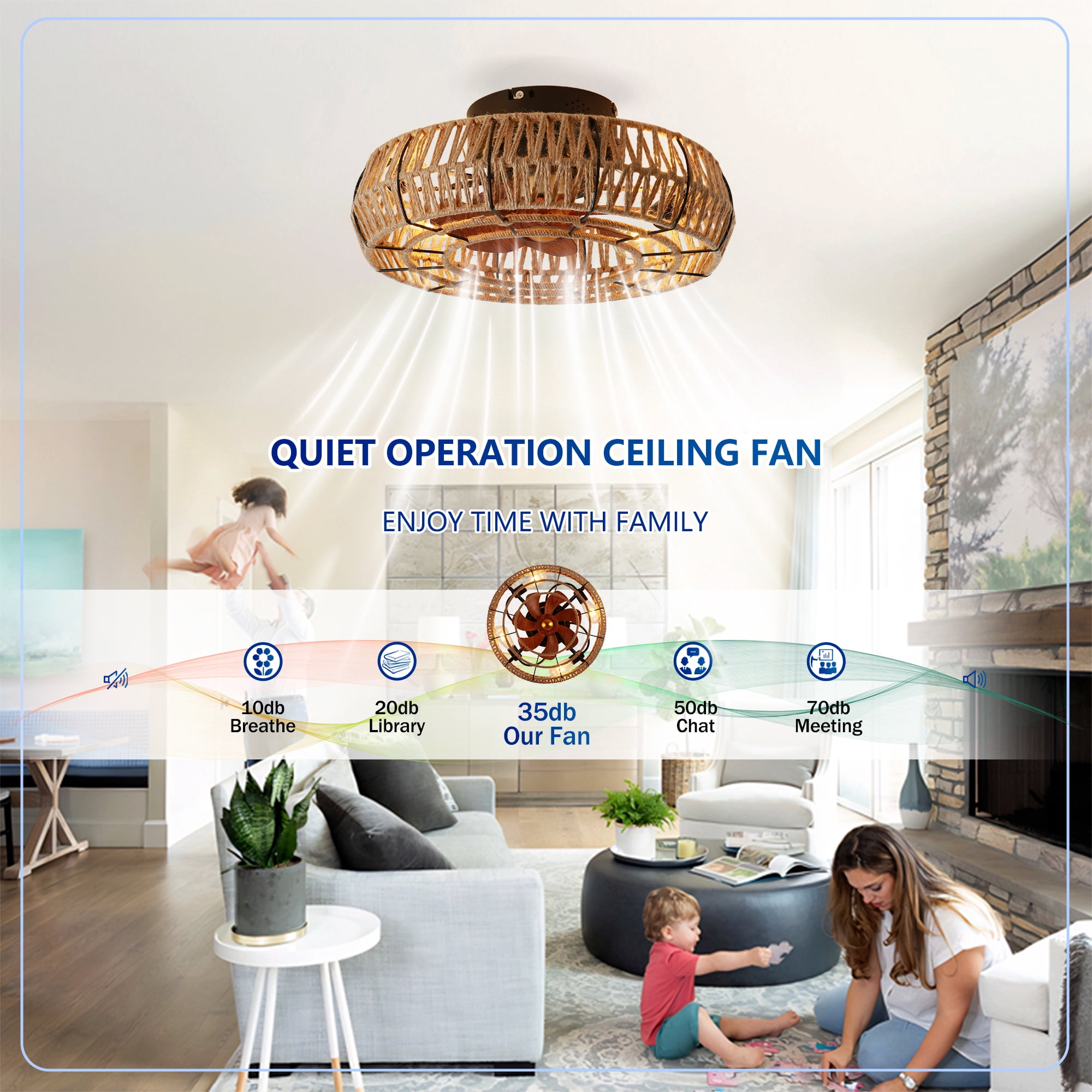 Leumius 20" Rope Caged Flush Mount Ceiling Fan with Light and Remote Control, Low Profile Chandelier 6 Speed DC Motor Reversible Ceiling Fan for Living Room Bedroom Matte Black (NOT Included Bulbs)