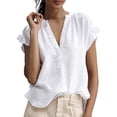 thumbnail image 3 of LEKODE Womens Linen Blouses Button Down Shirts Mexican Shirts Cute Shirts Short Sleeve Shirts Vintage Tshirts Plain Workout Tops Plus Size Tops Women Summer Top White S, 3 of 7