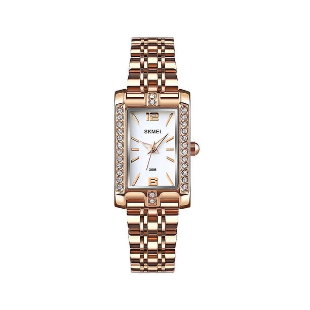 Reloj rectangular para mujer con bisel decorado con cristales Reloj de pulsera clásico con forma de tanque cuadrado y esfera transparente que luce elegante (pulsera de acero y oro rosa)