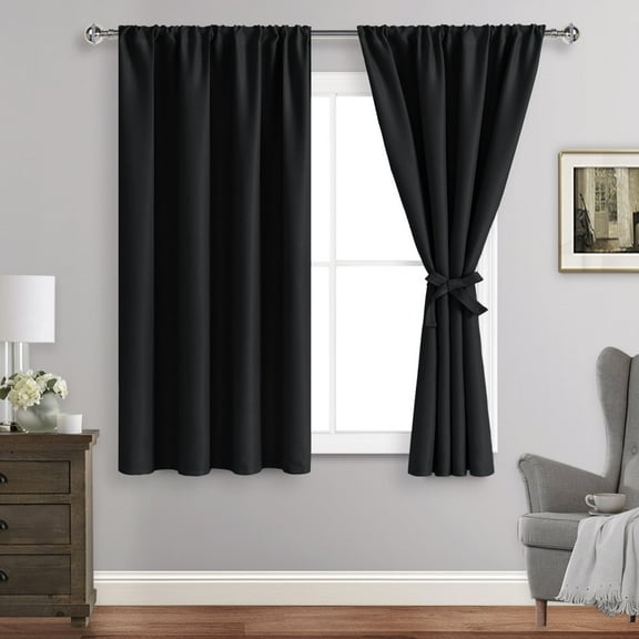 JIUZHEN Blackout Curtains for Bedroom - Thermal Insulated Room Darkening Rod Pocket Curtains for Living Room, Set of 2 Panels with Tiebacks, 42 x 45 Inch Length, Black