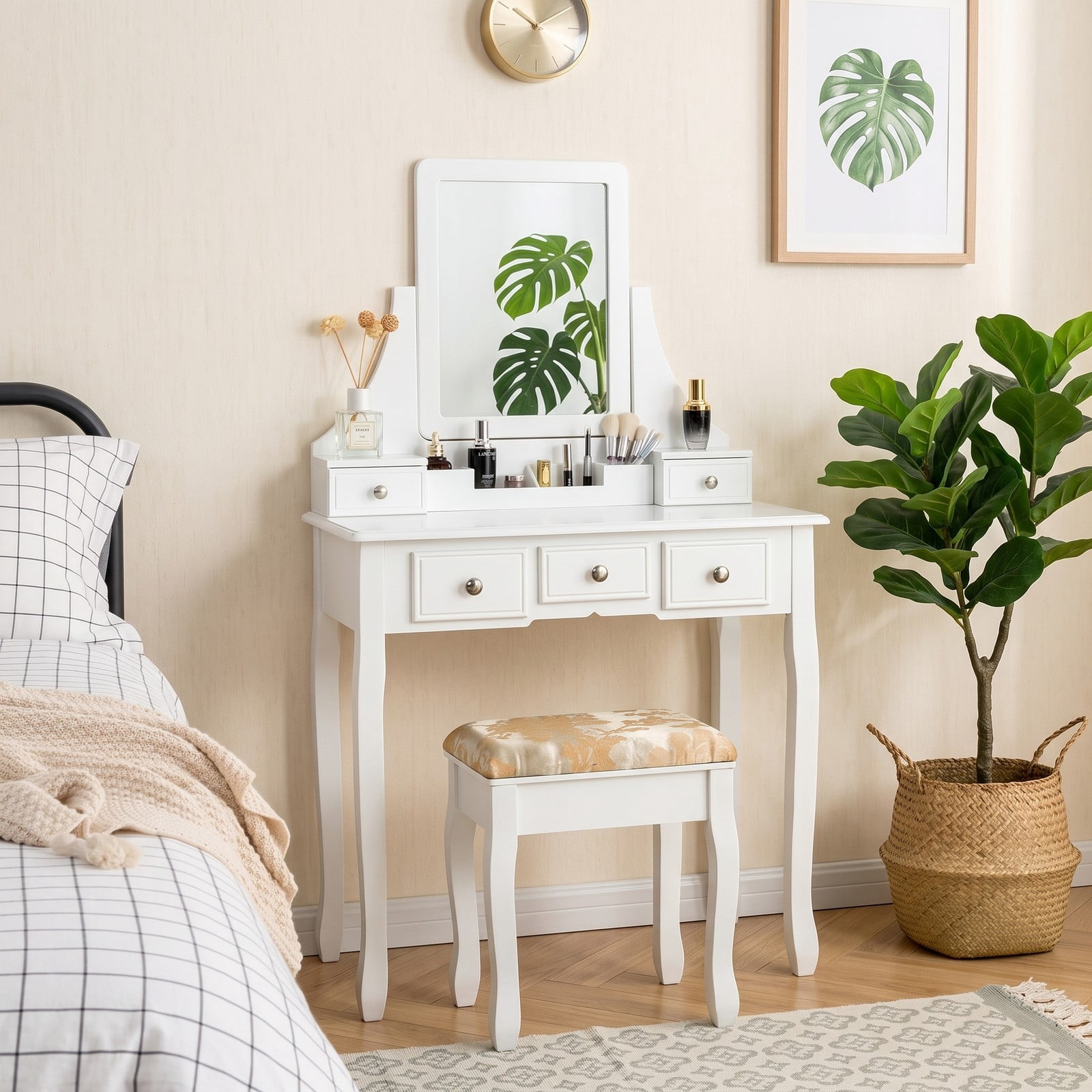 Furnibear Makeup Vanity Set with Rotatable Mirror 5 Drawers Cushioned Stool Removable Top Dressing Table for Bedroom, White