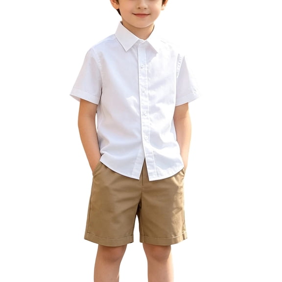 BRGZLK Boys Back to School Outfits 2026 Summer Short Sleeve Button Up Shirts and Shorts Sets Kids Formal Wear School Uniform Khaki 7-8 Years