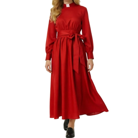 Women's Nun Costume Long Sleeve Clergy Dress Maxi Length with Waist Tie and Collar for Halloween Cosplay Theatrical Roleplay Outfit Religious Habit Dress Up