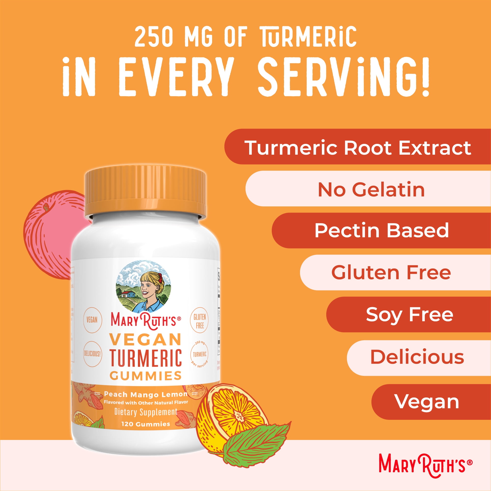 MaryRuth's Turmeric Gummies with Curcumin, Vegan, Non-GMO, Gluten Free, Peach, Mango & Lemon, Unisex, Adults 18+, 120 Count