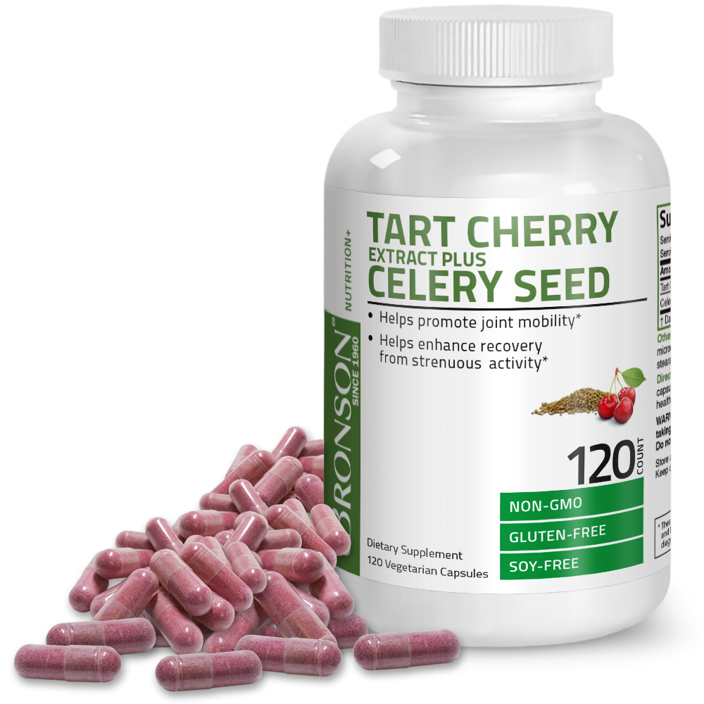 Bronson Tart Cherry Extract Capsules with Celery Seed Powerful Uric Acid Cleanse Joint Support & Muscle Recovery, 120 Capsules - image 3 of 4