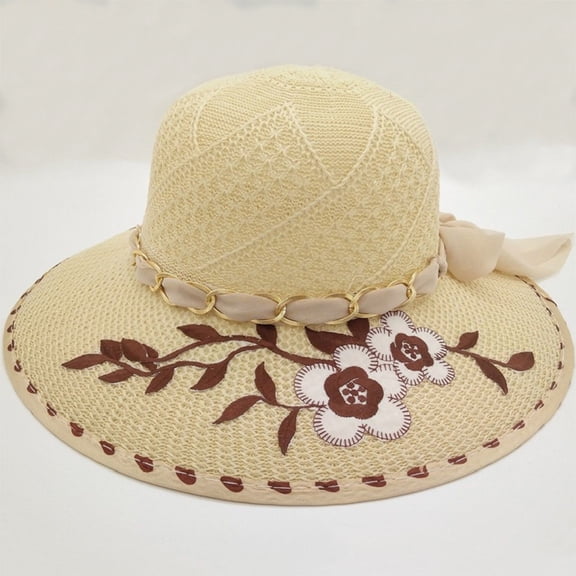 CHCNHAC Ladies' Basin Hat Flower Sun Hat Wide Brim Straw Summer Hat with Embroidered Flowers for Women Beach Outdoor Travel Garden Picnic Light Weight Breathable Sun Protection Hat