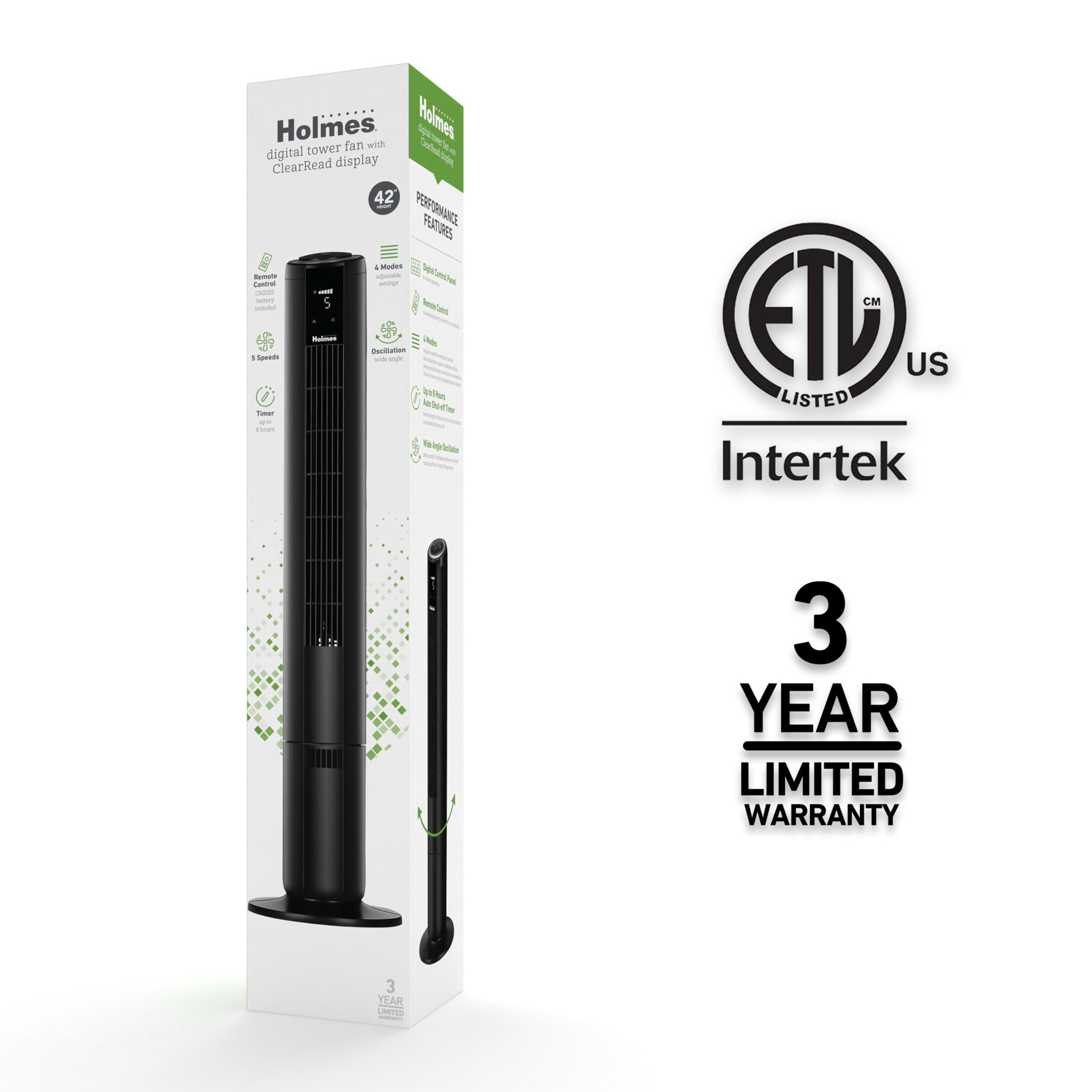 Holmes 42" Oscillating Digital Tower Fan, 5 Speeds, Remote Control, Matte Black