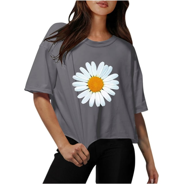 Blouses for Women Drop Shoulder Round Neck Oversized Crop Tops Workout Tops Tees