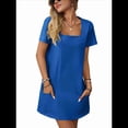 thumbnail image 2 of Vestido Informal de Corta con Cuello Cuadrado y Bolsillos, Color Liso, para Mujer, Azul Oscuro, Talla L, 2 of 9