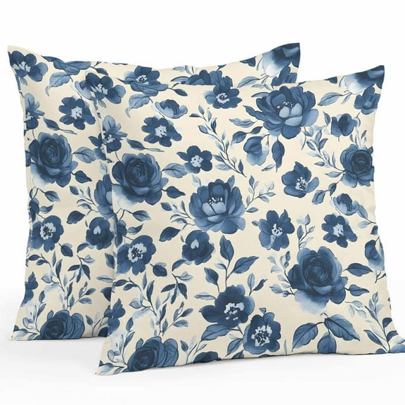 Waterproof Throw Pillow Covers Set of 2, 18x18 Inch Navy Blue Floral Decorative Pillowcases Outdoor Pillow Slip Cushion Covers Set for Couch Tent Spring Retro Botanical Flowers
