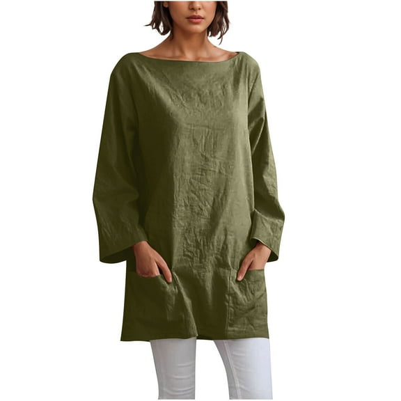 ShiShine Long Sleeve Shirts for Women with Pockets Tunics Tops Crew Neck Casual Lightweight Fall Spring Blouse