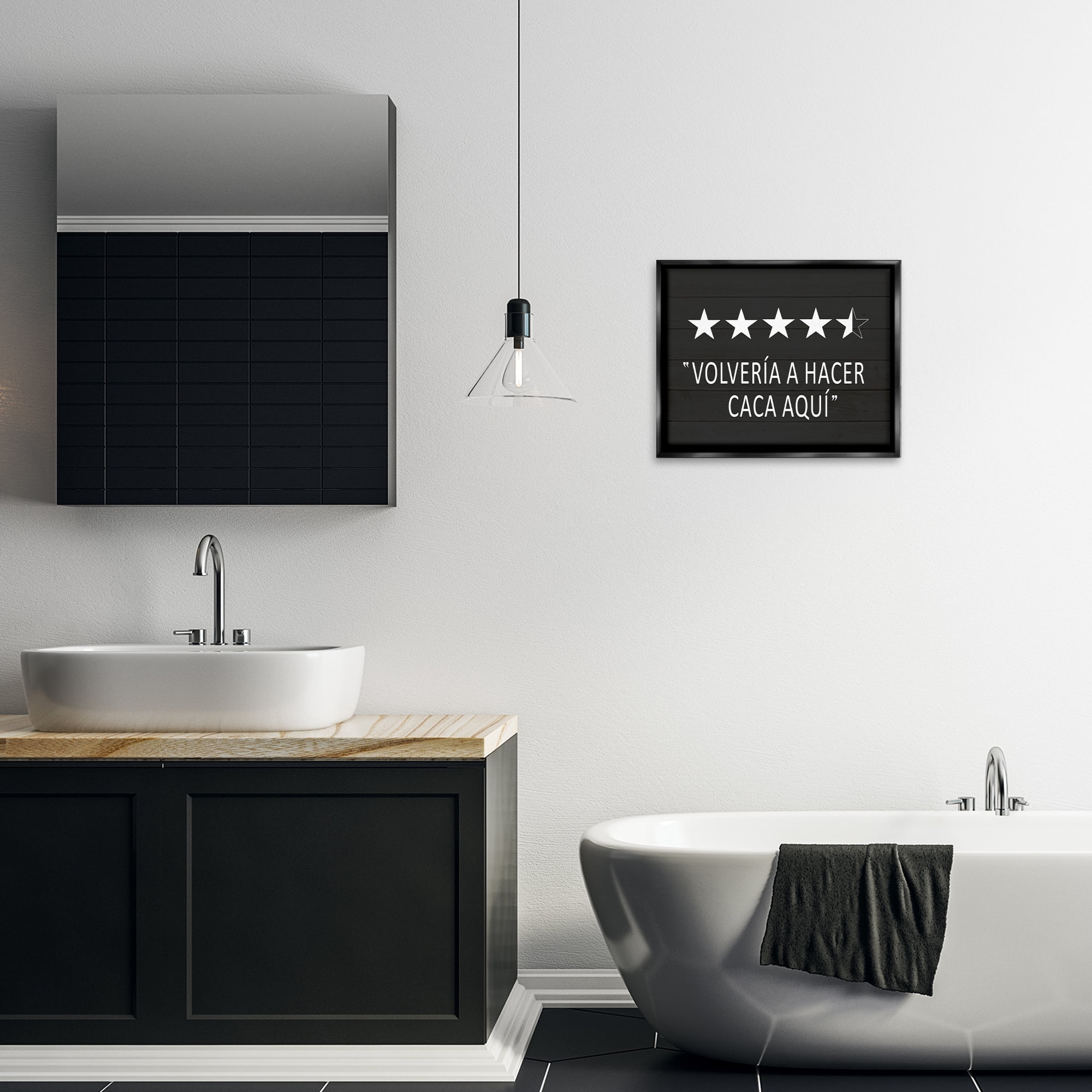 Stupell Industries Baño Cinco Estrellas Bath & Laundry Painting Black Floater Framed Art Print Wall Art, 21 x 17