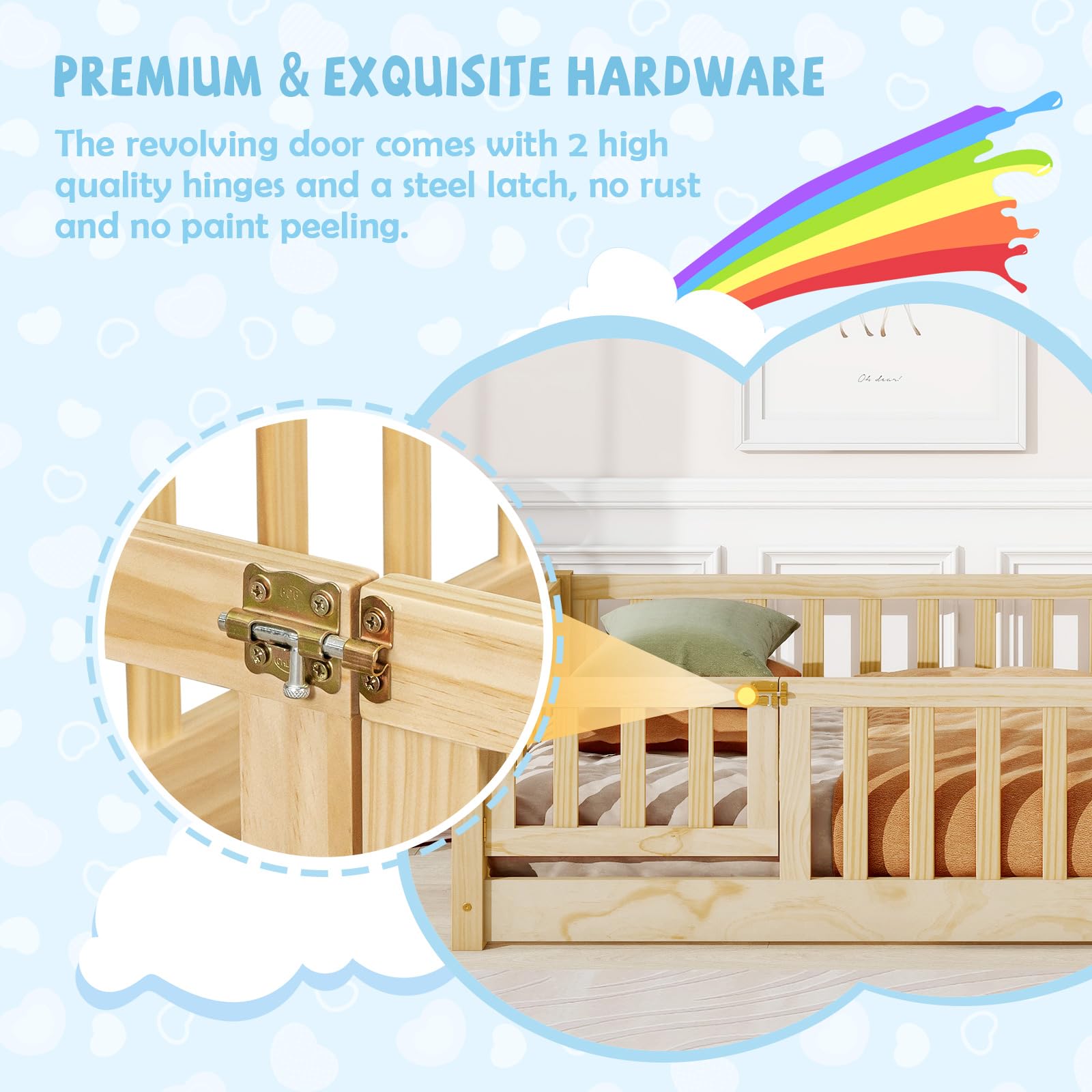 DreamBuck Floor Bed Full Size Montessori Bed Frame with Fence and Door, Wooden Full Size Floor Bed for Boys Girls, Slats Included, No Box Spring Needed, Easy Assembly