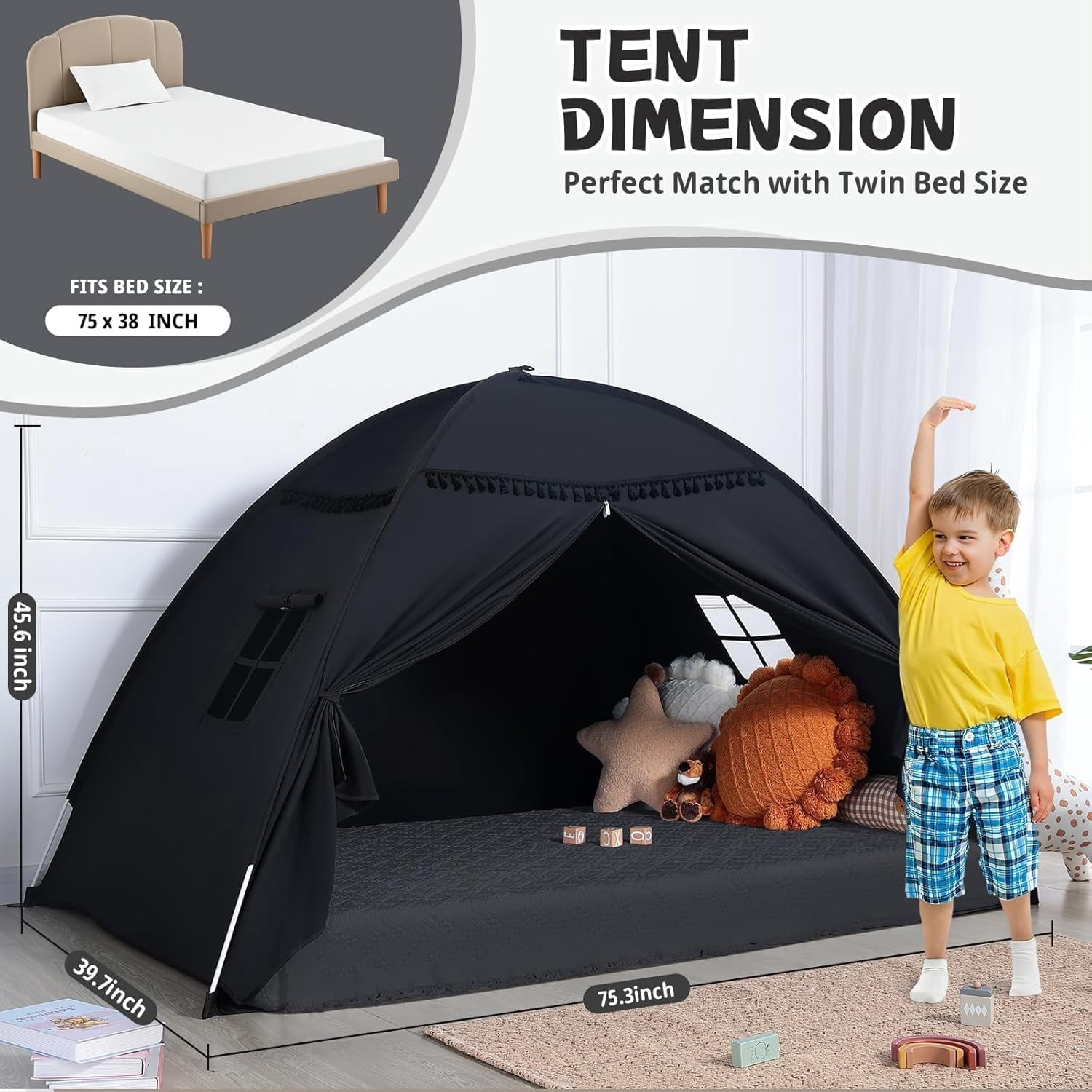 Twin Bed Tent for Kids Indoor, Toddler Bed Canopy with Flags, Twin Size Teepee Tents for Boys Girls Inside Bedroom (Black)