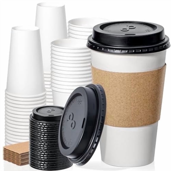 Fit Meal Prep 50 Pack Disposable Coffee Cups with Lids, Sleeves, 16 oz Leak-Proof To Go Coffee Cups with Lids, Durable Paper Cups for Hot Beverage, Home, Office, Party
