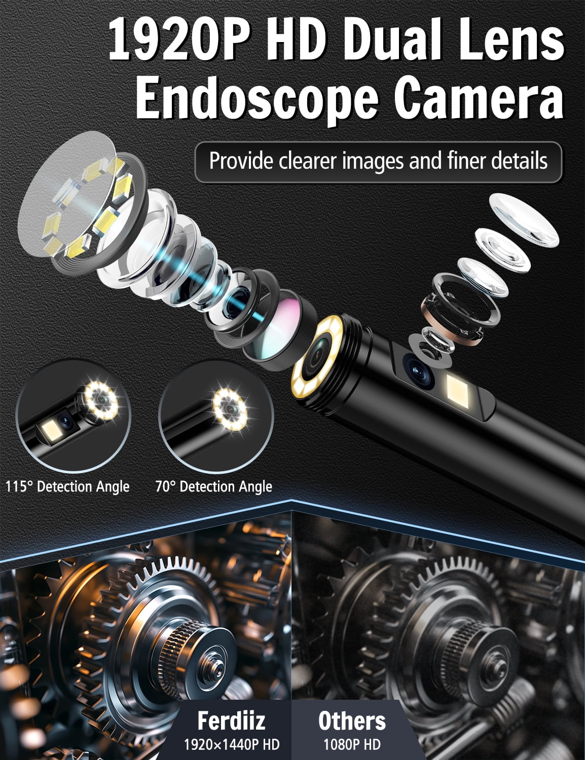 1920P HD Dual Lens Industrial Endoscope IP67 with 8+1 Adjustable LED Lights (16.5 FT/5M)