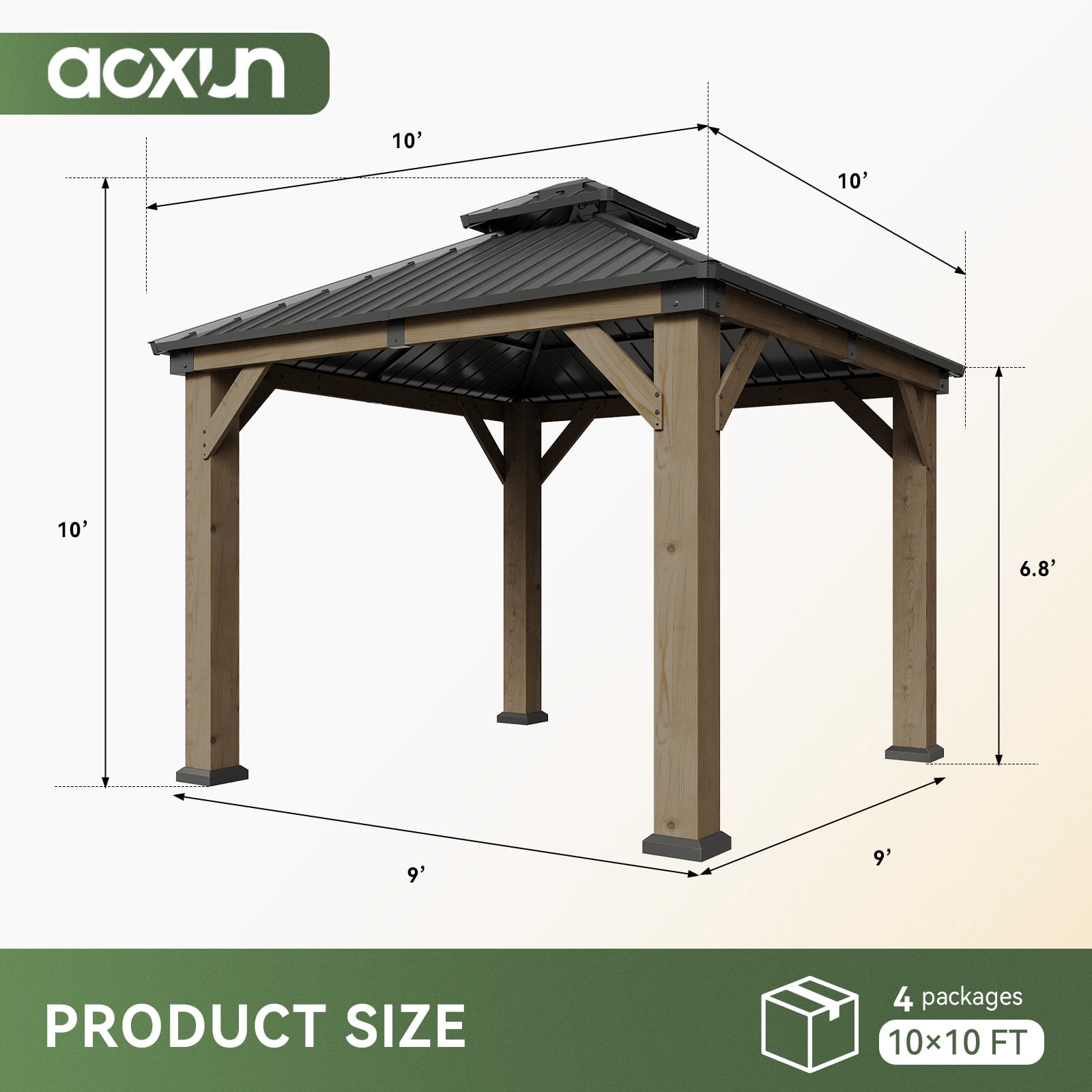 Dateyes 10' x 10' Outdoor Wood Gazebo, Hardtop Gazebo Permanent Wooden Pavilion with Galvanized Steel Double Roof, for Patio, Garden, Deck, Cedar Wood