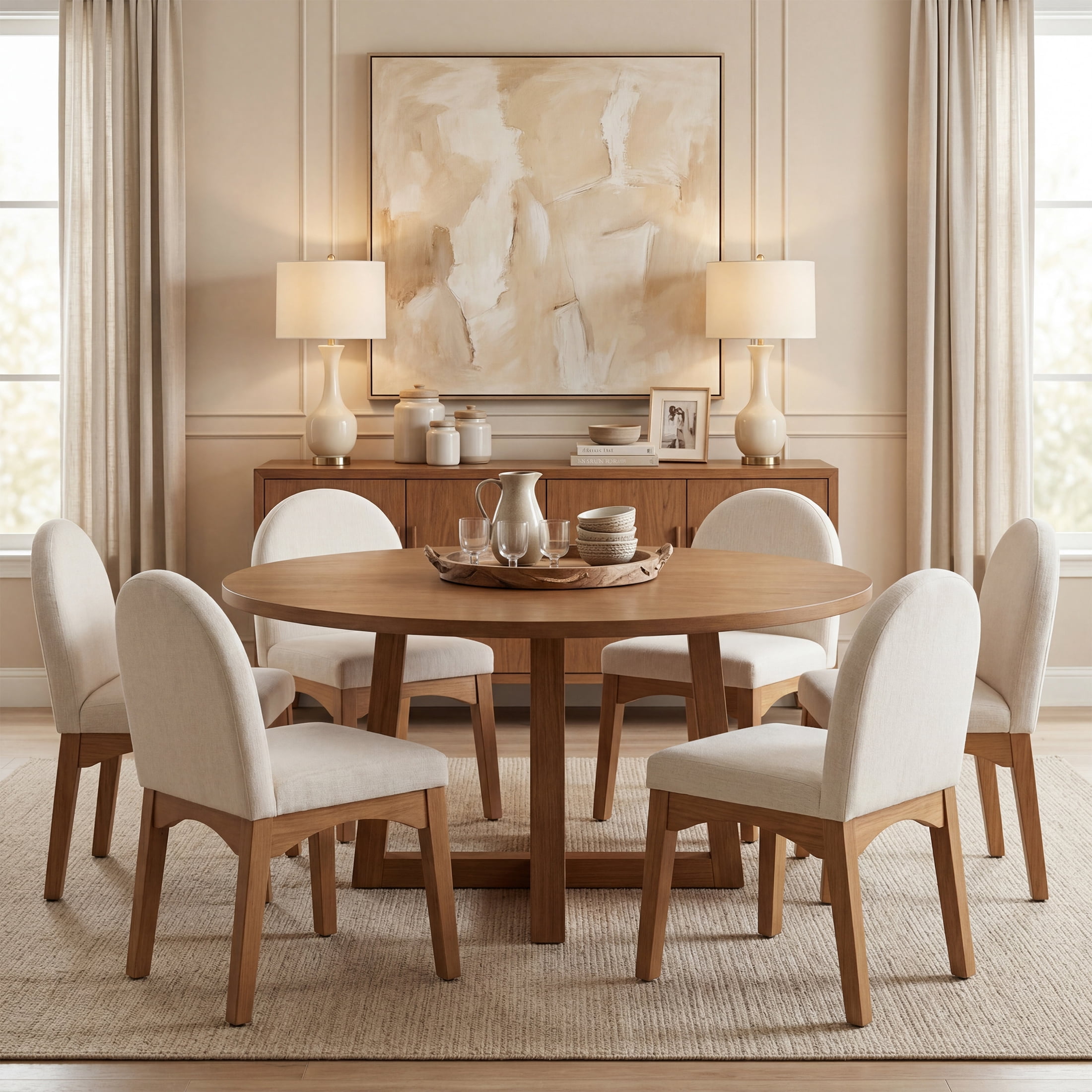 Guyou Modern Dining Chairs Set of 6, Linen Upholstered Dining Room Chairs, Mid Century Wooden Kitchen Side Chairs for Dining Room, Kitchen, and Living Room, Beige