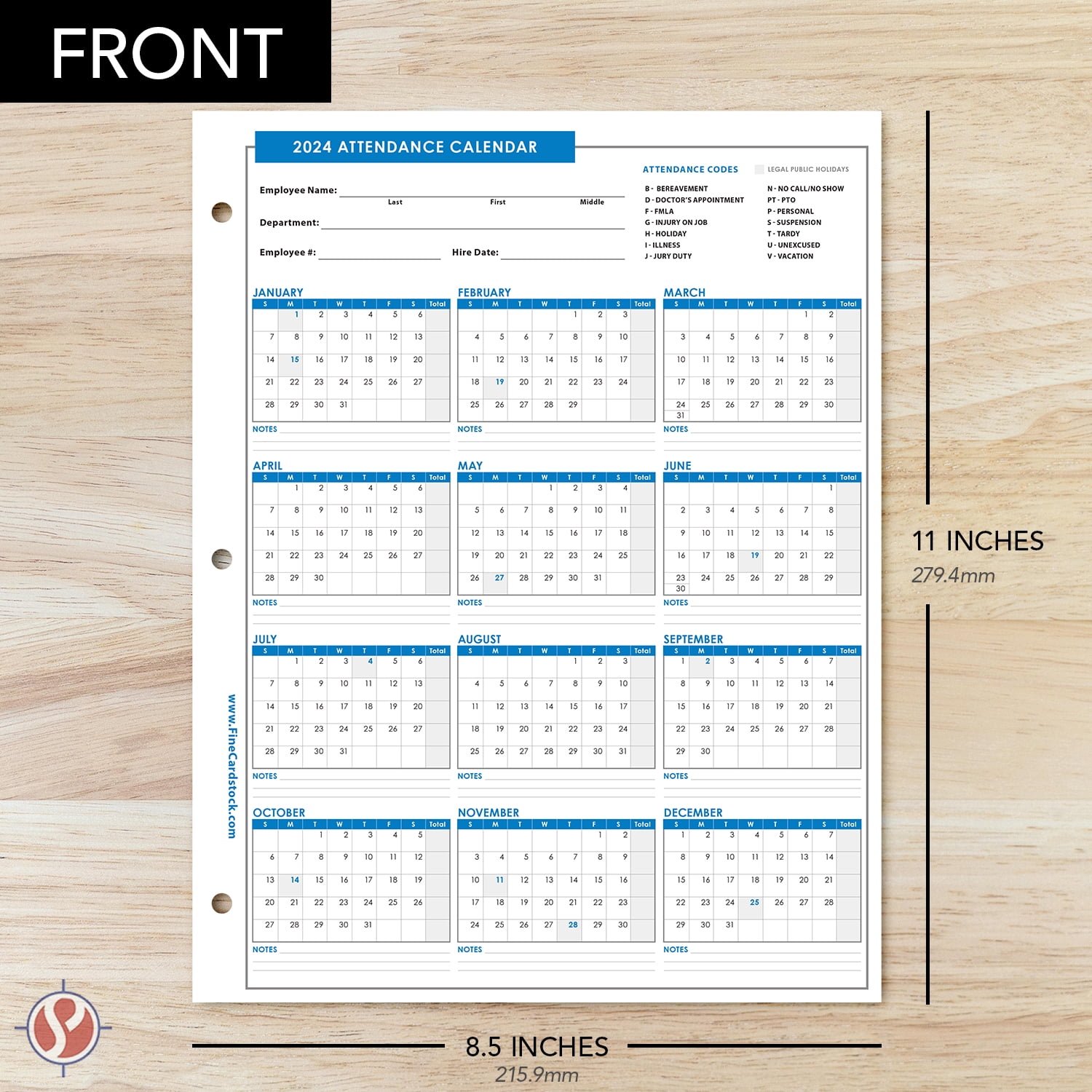 2024 Attendance Calendar Card Stock Paper – Great Employee Work Tracker |  Printed on Durable and Thick 80lb (216gsm) Cardstock | 8 ½ X 11 | 25 Sheets  per Pack - Walmart.com