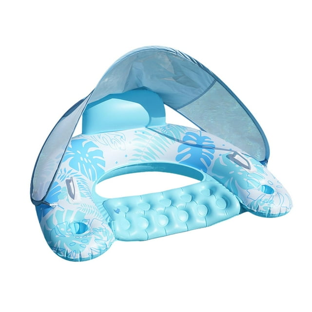 Flota De La Piscina Con Dosel Con Titular De La Taza Rotadora Compacta Para Summer Beach Blue Piscina Float Silla Piscina Inflable Flota Float azul