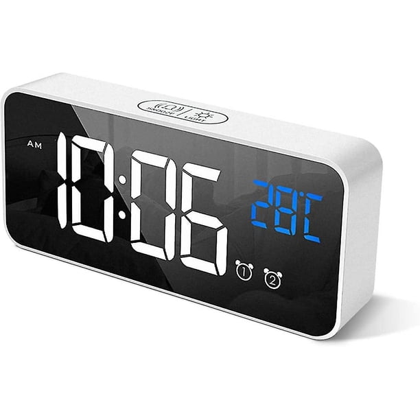 White Digital Alarm Clock With Large Led Temperature Display, Portable Mirror Alarm With Dual Sleep Time Alarm 4-level Adjustable Brightness Dimmer 10