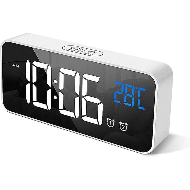 White Digital Alarm Clock With Large Led Temperature Display, Portable Mirror Alarm With Dual Sleep Time Alarm 4-level Adjustable Brightness Dimmer 10