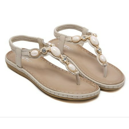 

DAFENGEA Summer Gladiator Boho Style Beaded Casual Flats Sandals for Women Casual Beach Braided Open Toe Elastic Ankle Strap Comfortable Dressy Flip Flops Shoes Backless Footwear