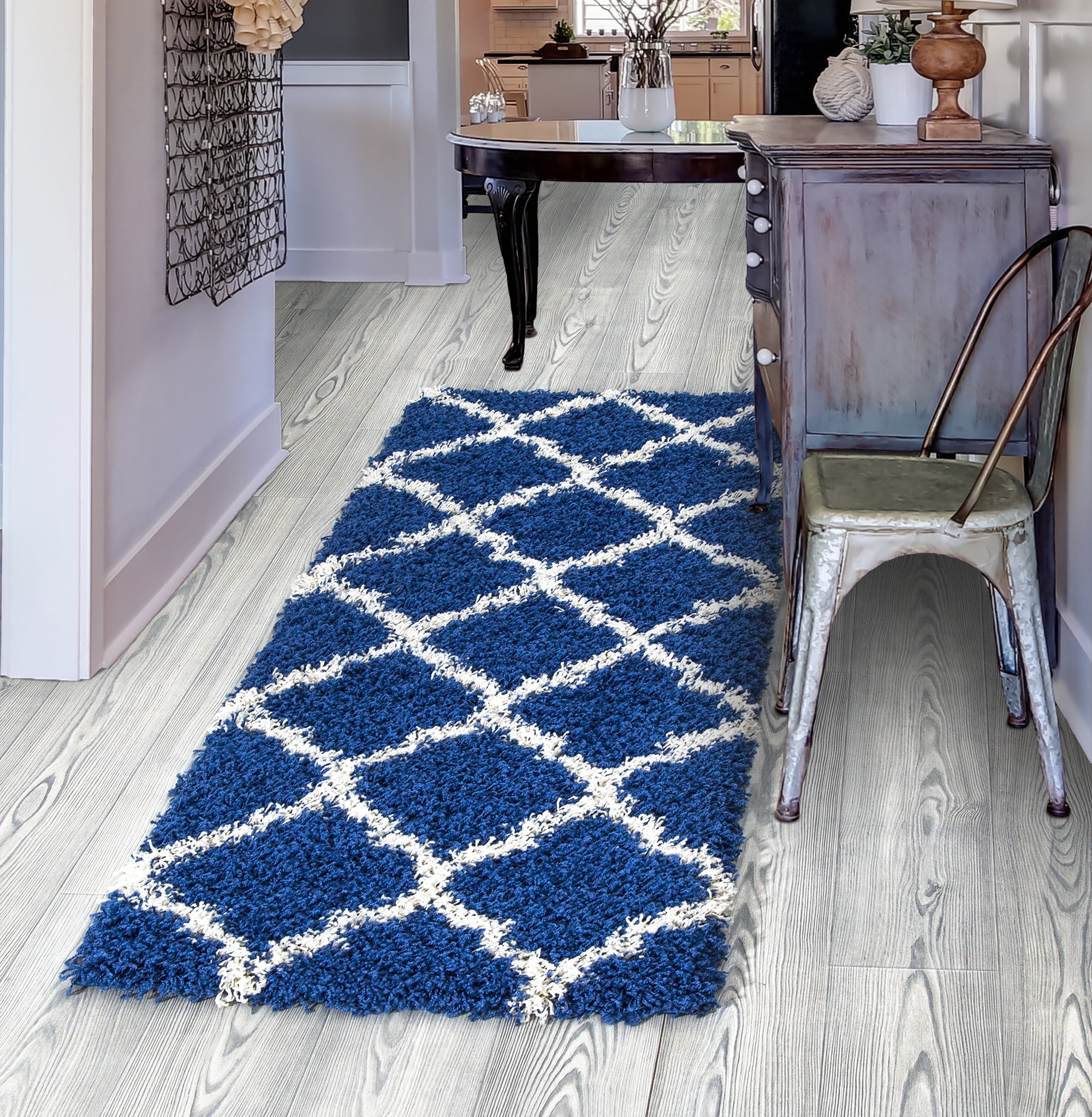 Ottomanson Ultimate Shaggy Moroccan Trellis Runner Rug, Navy Blue, 2'X5