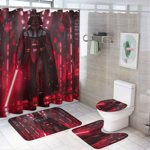4 Pcs Shower Curtain Set Darth Vader Shower Curtain with 12 Hooks, Non-Slip Rugs,Toilet Lid Cover And Bath Mat for Bathroom Decor