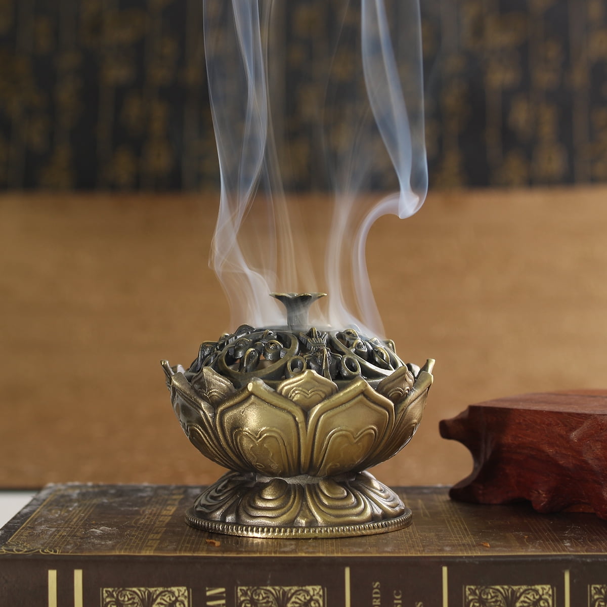 Lotus Cone Incense Burner Holder Flower Statue Censer Home Office Decor US 