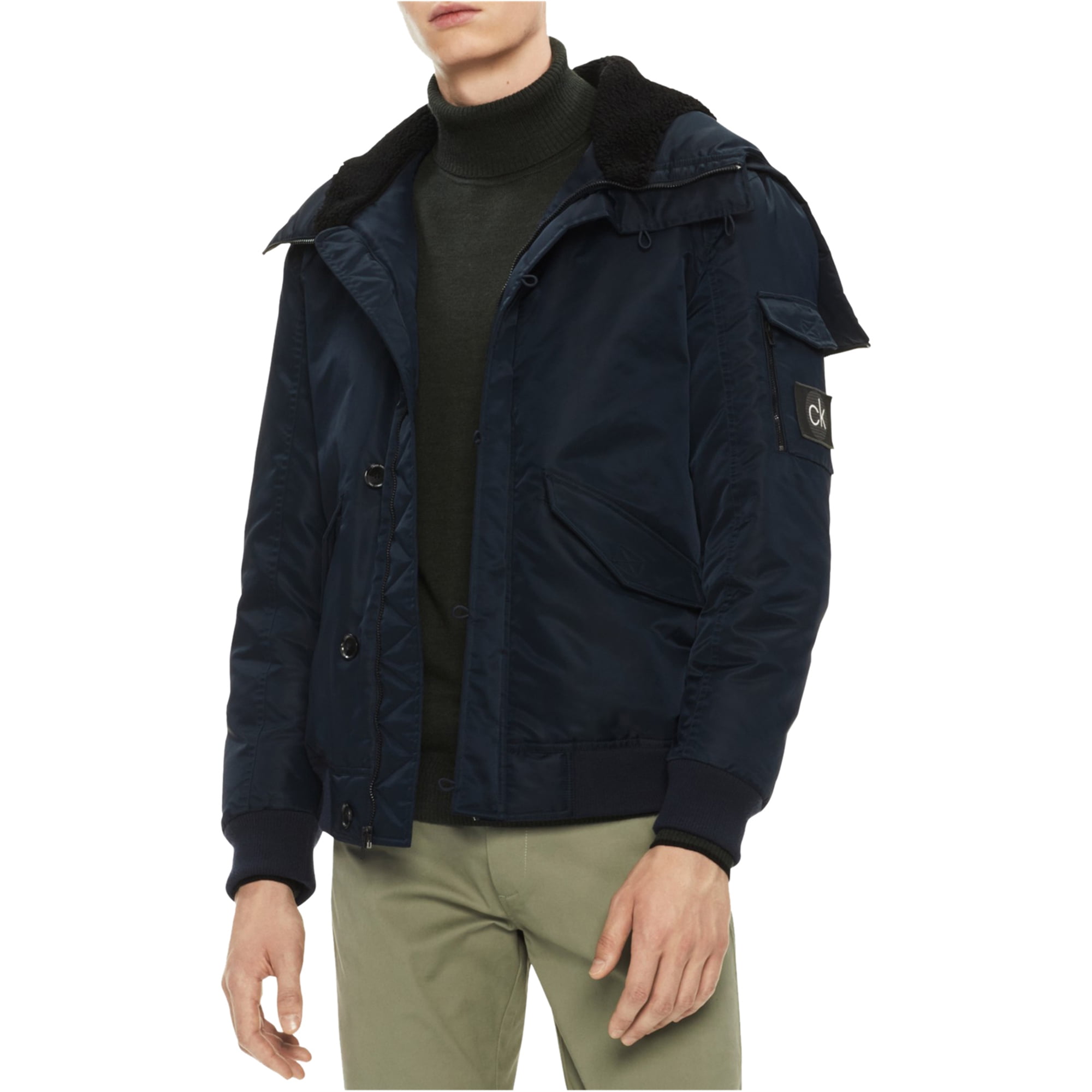 NEW NWT mens Nautica fleece collar bomber jacket wool sleeve coat black 01-18