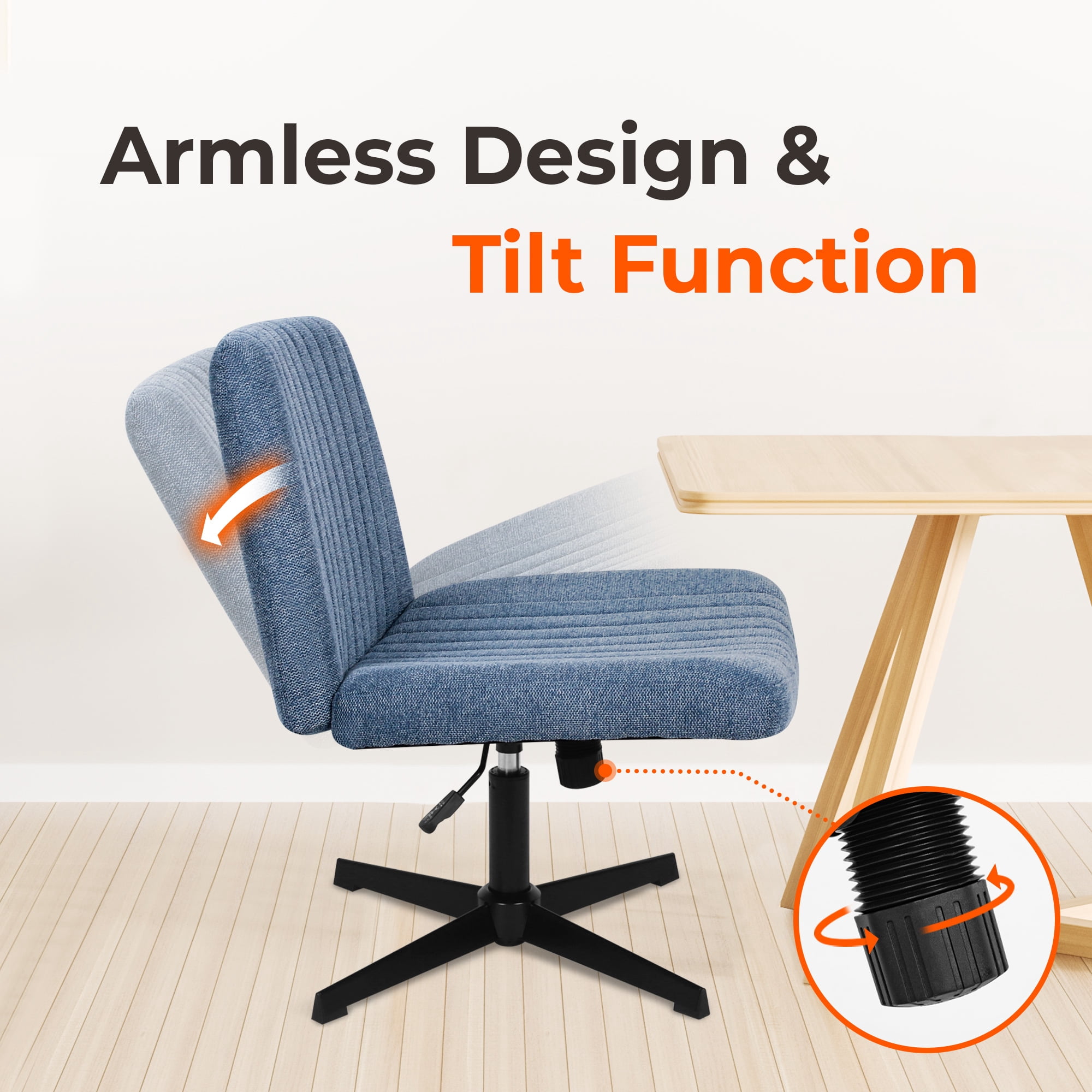 NEO CHAIR Criss Cross Chair No Wheels Armless&nbsp;Comfy Desk Chair Wide Vanity Makeup&nbsp;Cross Legged Office Adjustable Computer Task for Home Office Fabric (Blue)