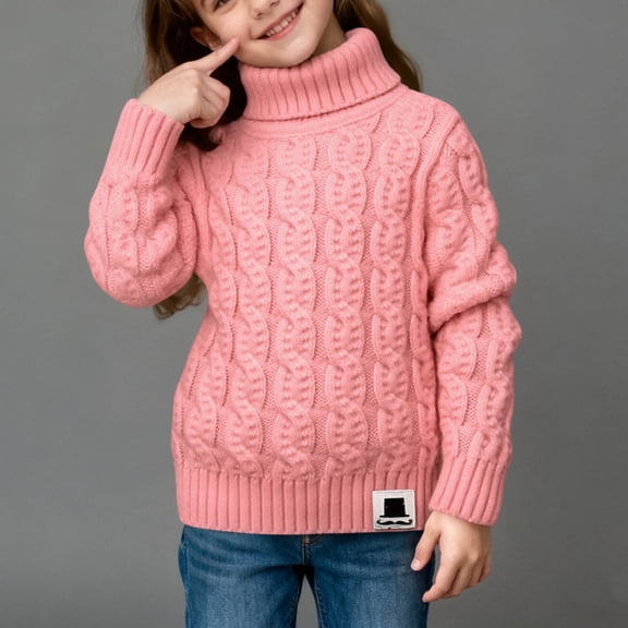 FAIOROI Girls' Warm Cable Knit Sweater - Soft Knitting Cotton Turtleneck, Ribbed Hem/Cuffs, Pink, Sizes 3-8 Years, 1PC Top for Cool Seasons & School Wear,Size 5 T