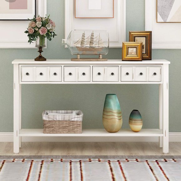 P PURLOVE console Table Rustic Entryway Table 60 Long Sofa Table with 4 Drawers in Two Different Size and Bottom Shelf for Storage (Antique White)