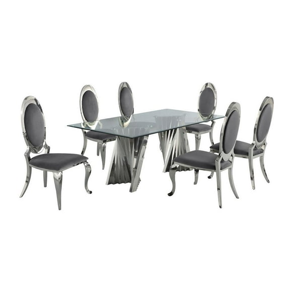 Clear Glass Dining Set with Table and 6 Oval Gray Velvet Chairs