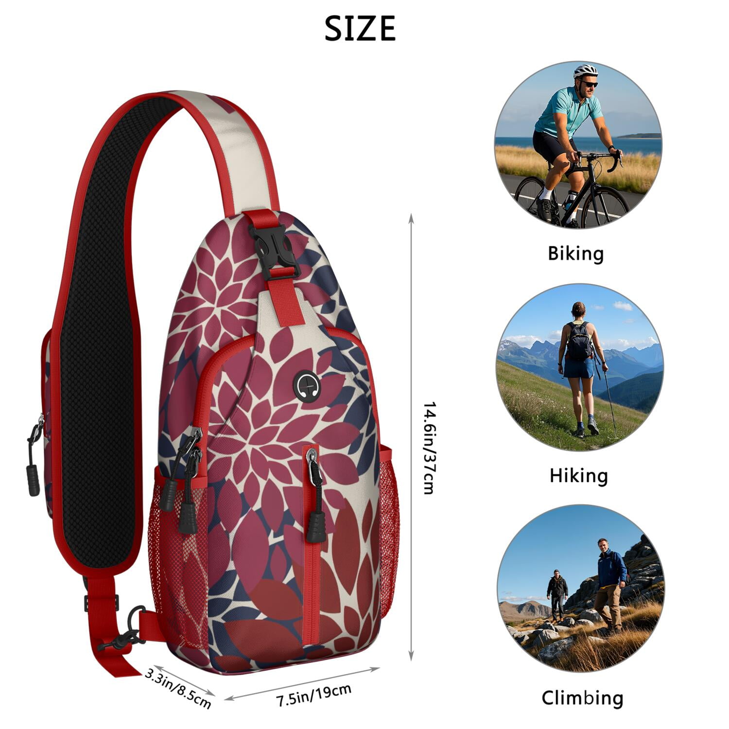 Hippie Sling Backpack, Geometric Ethnic Crossbody Daypack with Stripes and Waves Pattern, Lightweight Anti-theft Bag for Travel