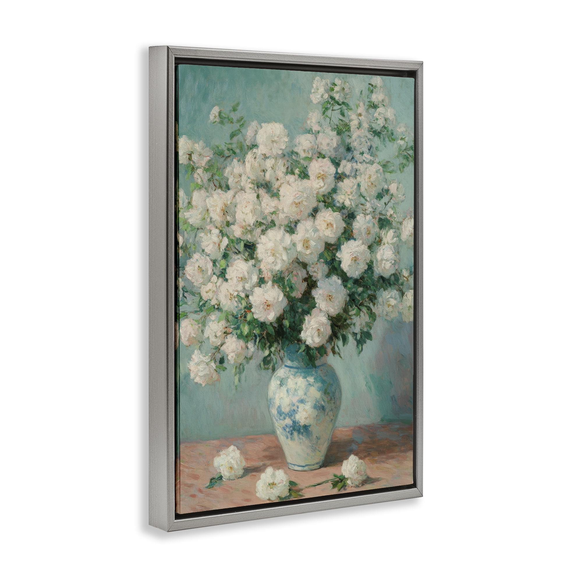 Stupell Industries Lush Bouquet of White Roses Gray Framed Floater Canvas Wall Art, design by Petal Prints Design