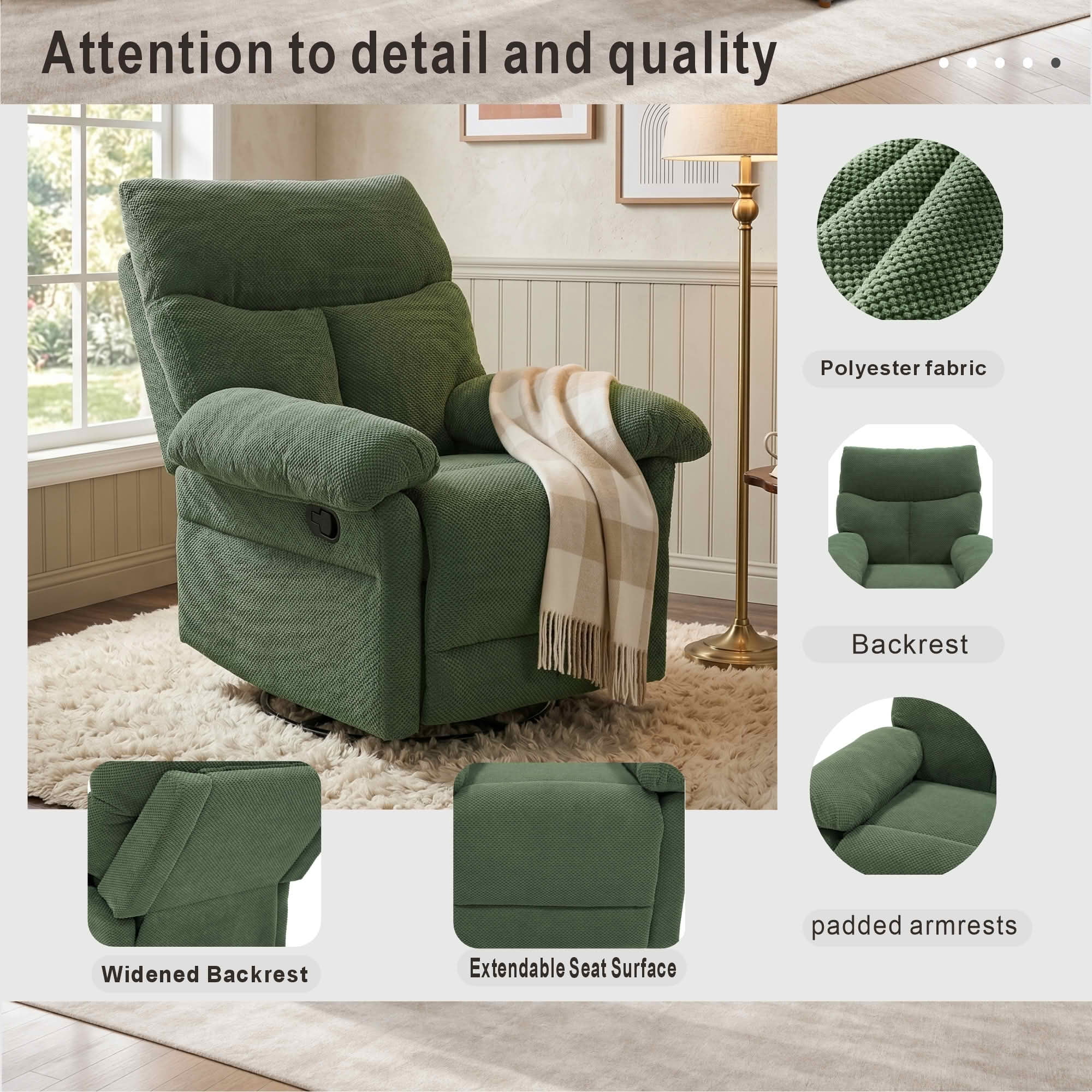 MAYEERTY 41 In Swivel Rocker Recliner, 360 Degree Manual Glider, Overstuffed, Dark Green, 300 lb