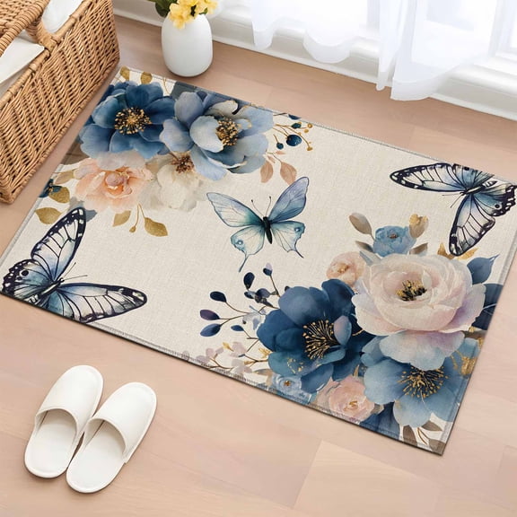 Rectangle Area Rugs 2 x 3 Ft, Vintage Blue Floral Non-Slip Residential Carpet, Butterflies Watercolor Flower Linen Indoor Crawling Mats Runner Rugs for Living Room/Dining Room/Bedroom