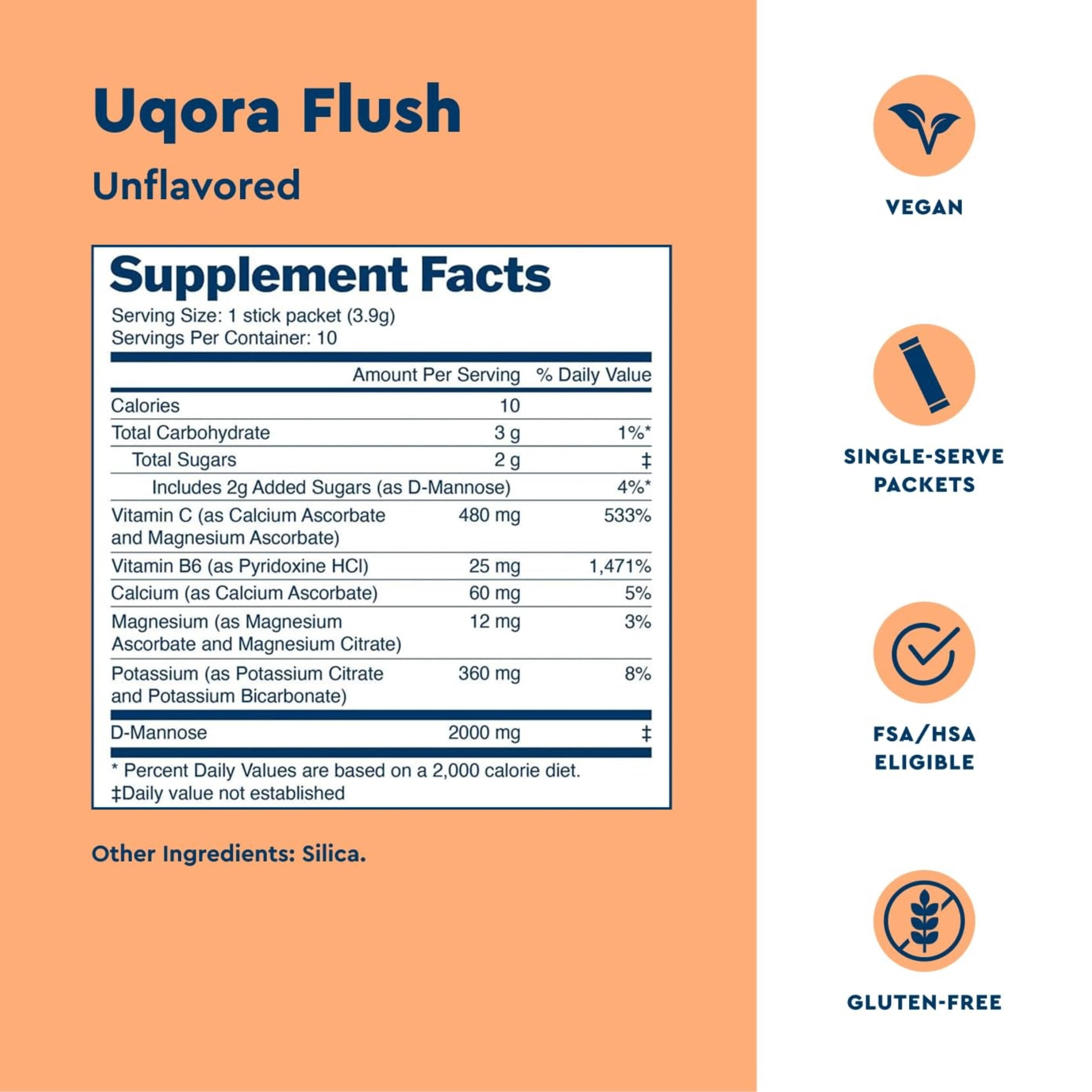 Uqora Flush - Urinary Tract* with D-Mannose, Vitamin C, Vitamin B6, Potassium, Magnesium & Calcium - Gluten-Free & Vegan - Unflavored - 10 Packets (1 Pack)