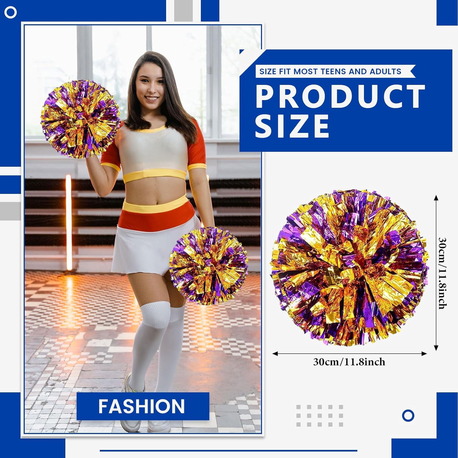Cheerleader Pom Poms 12 Pack Sports Dance Cheering Plastic Metallic Cheerleading Pom Poms for Kids Adults-Ring Style