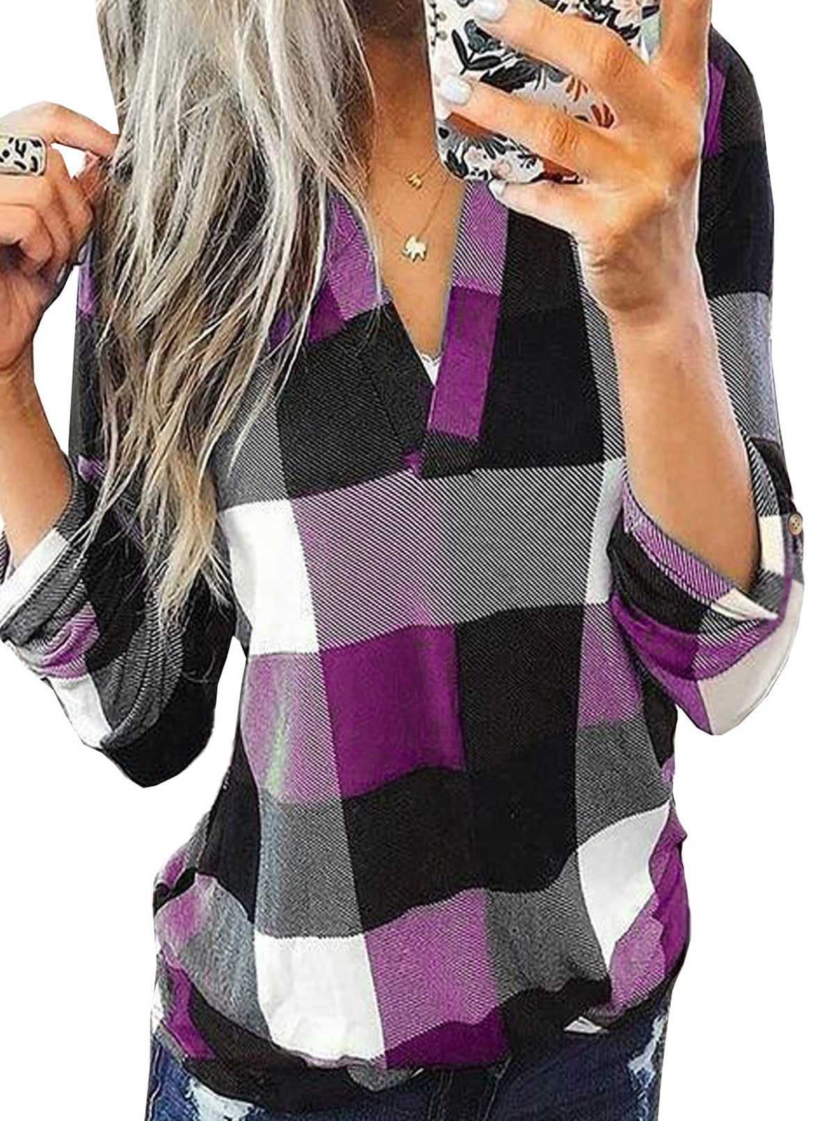 Aleumdr Women Oversized Shirts for Fall Casual Tops Purple Plaid Print V Neck Long Sleeve Shirts XL
