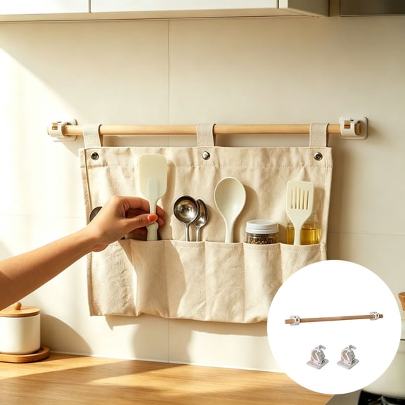 19.7x19.7in No-Drill Wall Hanging Storage Organizer With Wood Rod & Adhesive Hooks For Kitchen Bathroom Bedroom