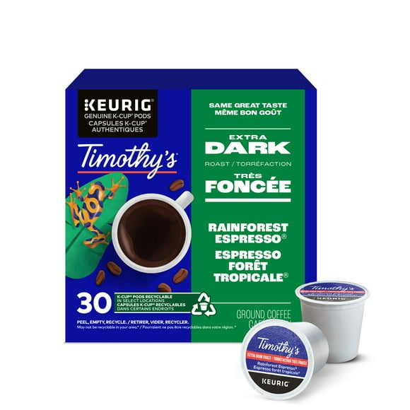 Capsules K-Cup de café Espresso forêt tropicale Timothy’s, torréfaction très foncée Boîte de 30