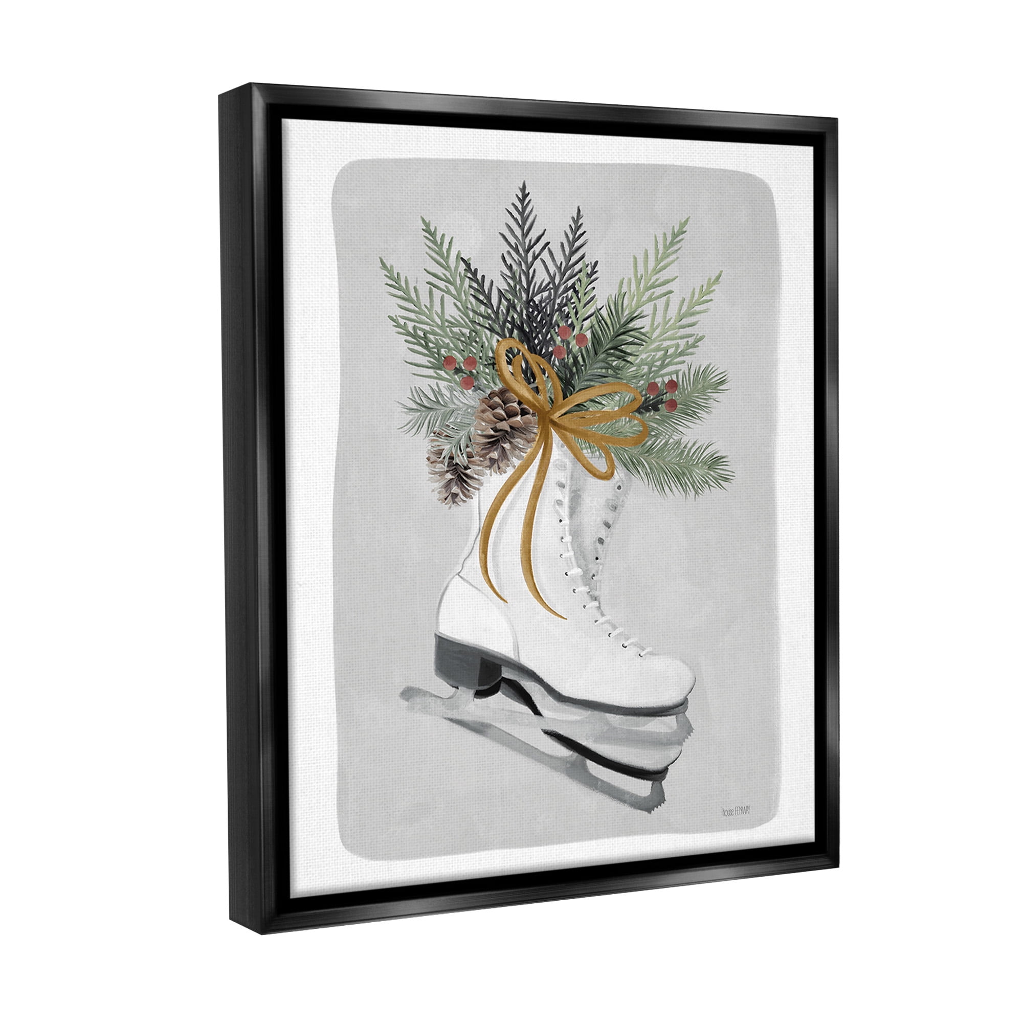 Stupell Industries Winter Skates & Pinecone Botanical & Floral Painting Black Floater Framed Canvas Art Print Wall Art, 17 x 21