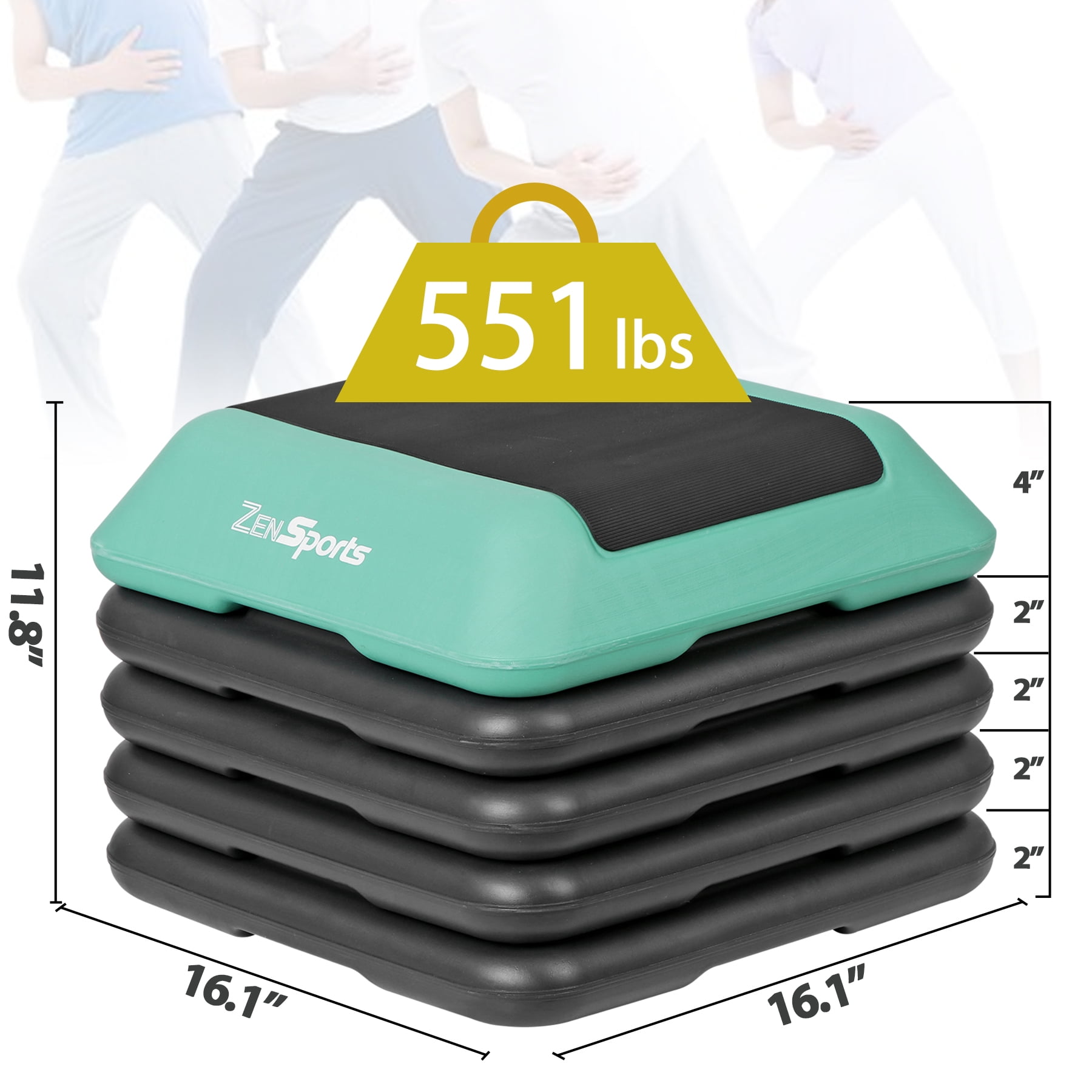ZenSports 16-in Aerobic Step Platform W/4 Risers, Height Adjustable Exercise Workout Stepper, Green